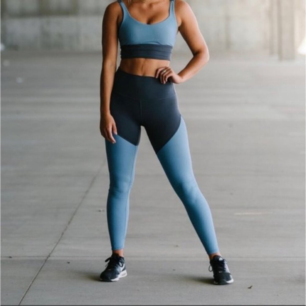 Zyia Storm Parallel Luxe High Waist Ribbed Ruched Colorblock Leggings 6-8‎